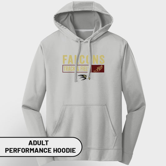 Grey adult performance hoodie with Falcons Track & Field logo.