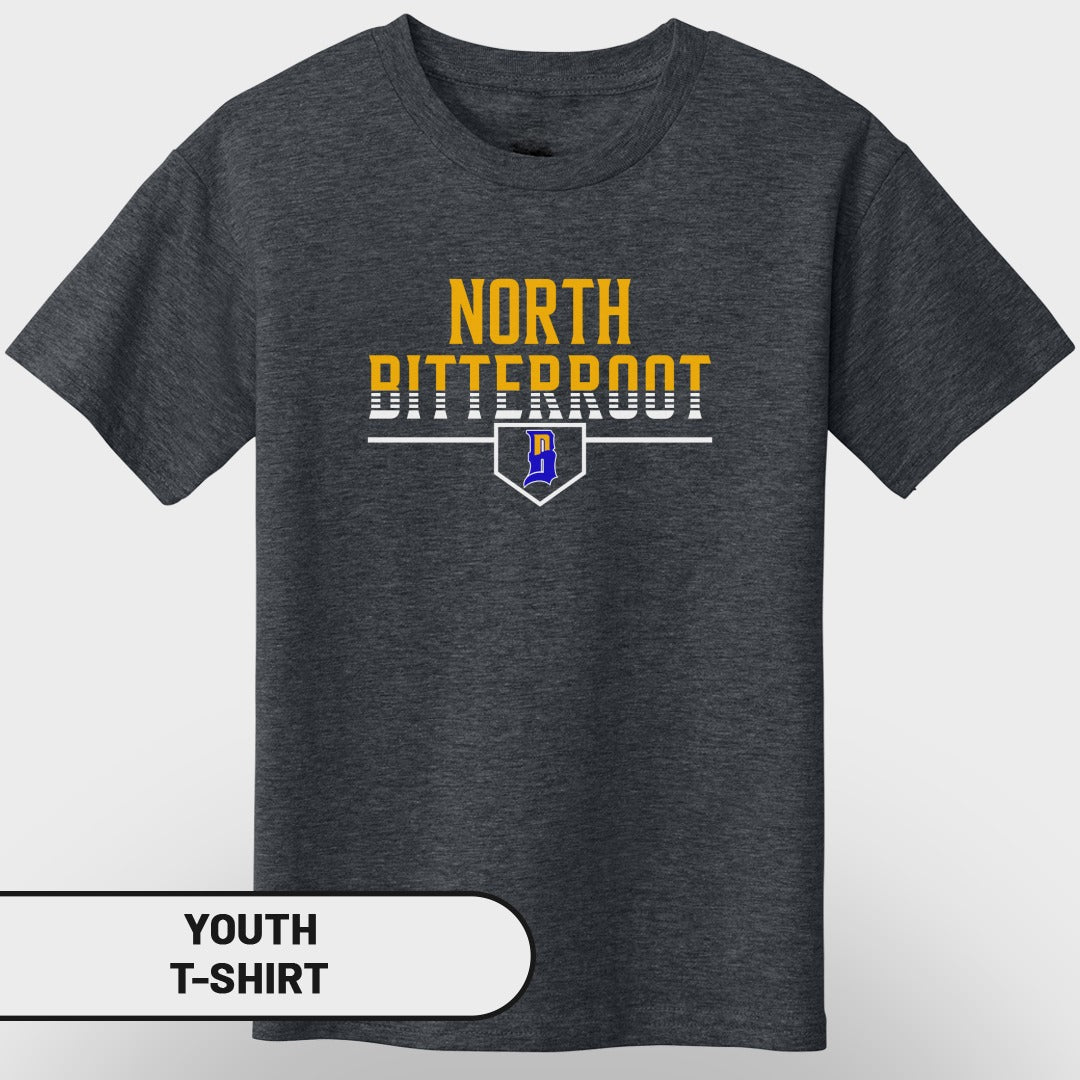 Dark grey youth t-shirt with "NORTH BITTERROOT" and a blue logo.