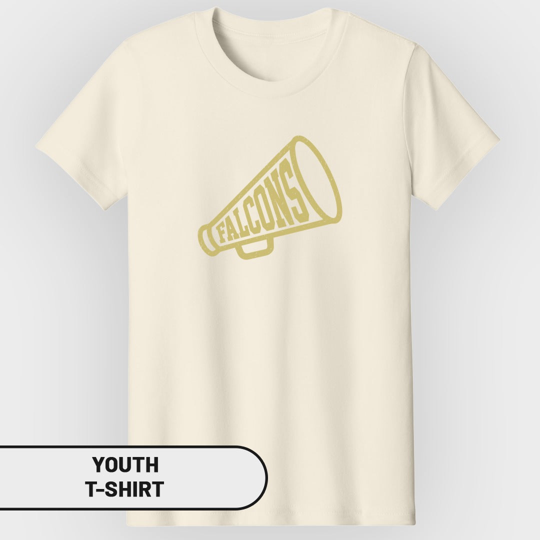 Cream youth t-shirt with gold "FALCONS" megaphone graphic.