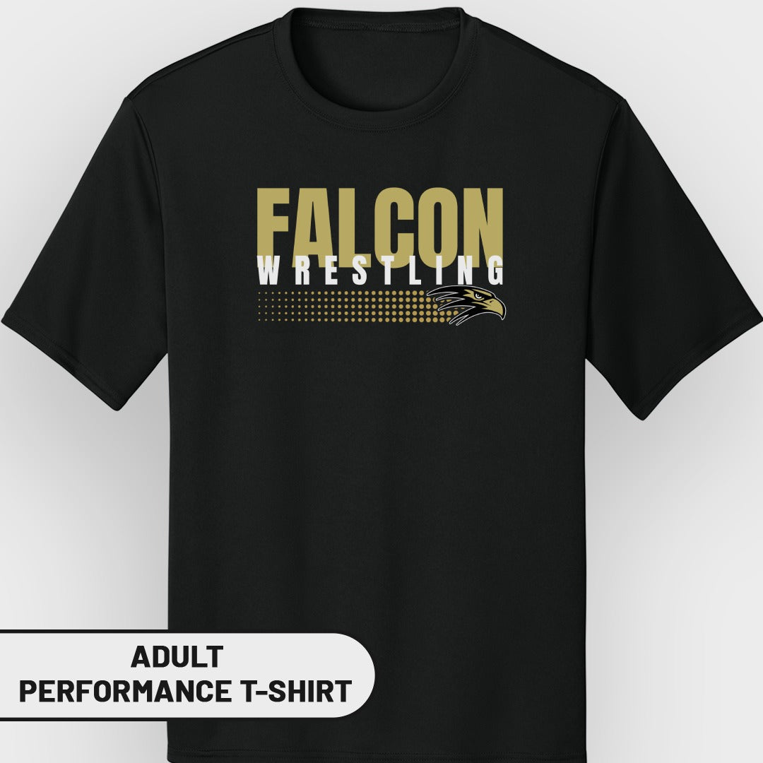 Black adult performance t-shirt with "FALCON WRESTLING" text and falcon graphic.