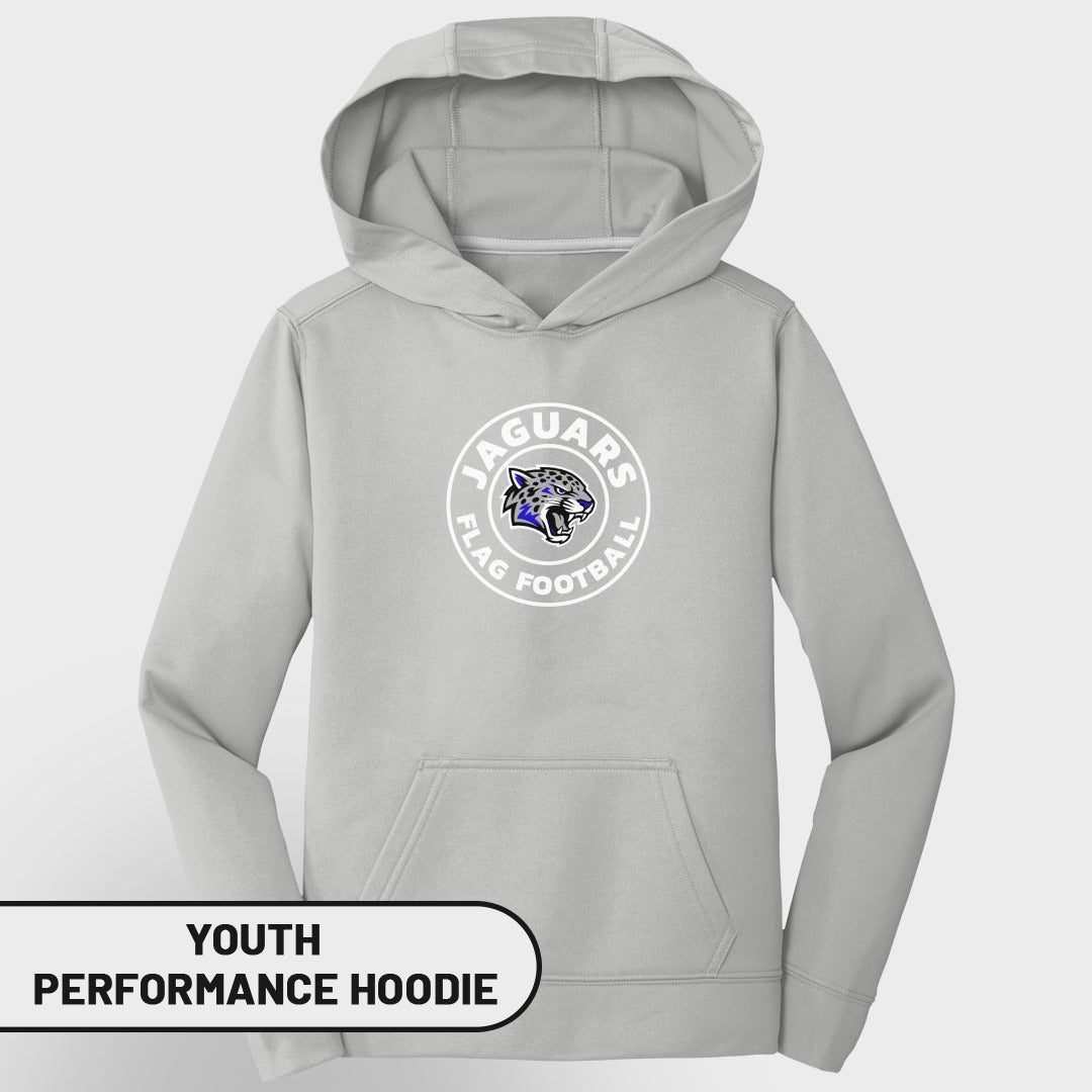 Youth grey performance hoodie with Jaguars flag football logo on chest.