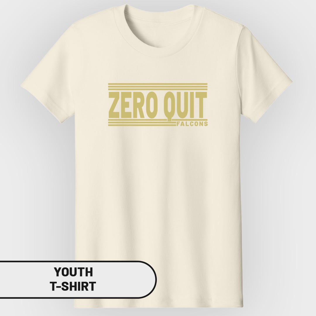 Cream youth t-shirt with gold text "ZERO QUIT FALCONS" graphic.