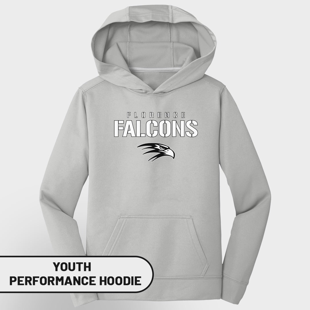 Light grey youth performance hoodie with Florence Falcons text and eagle logo.