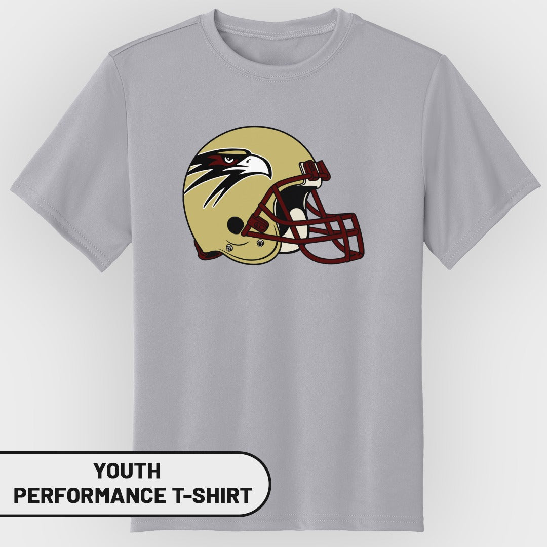 Youth performance t-shirt with a gold and maroon eagle football helmet graphic.