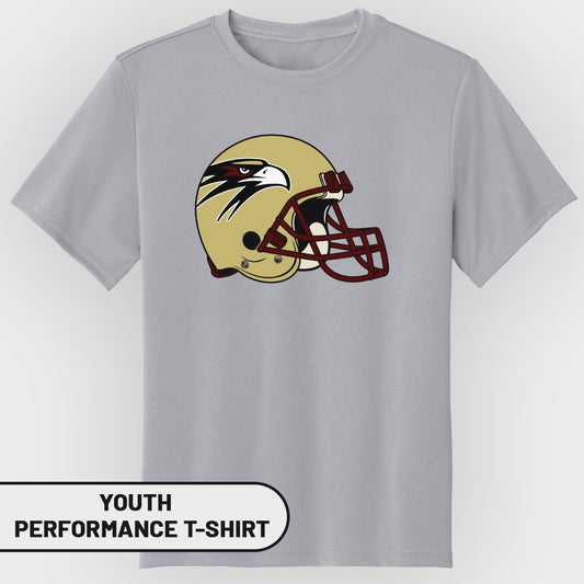 Youth performance t-shirt with a gold and maroon eagle football helmet graphic.