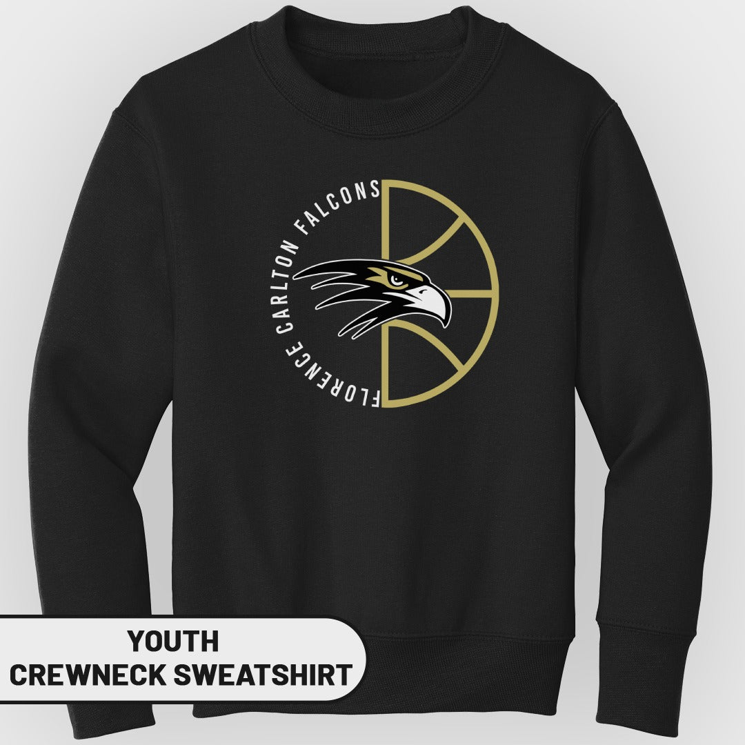 Youth black crewneck sweatshirt with Carlton Florence Falcons logo.