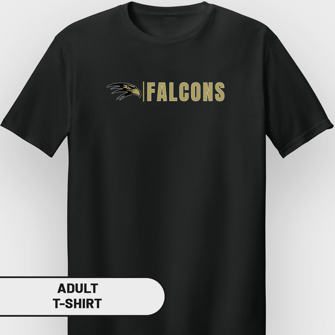 Black adult t-shirt with gold "Falcons" text and hawk logo.