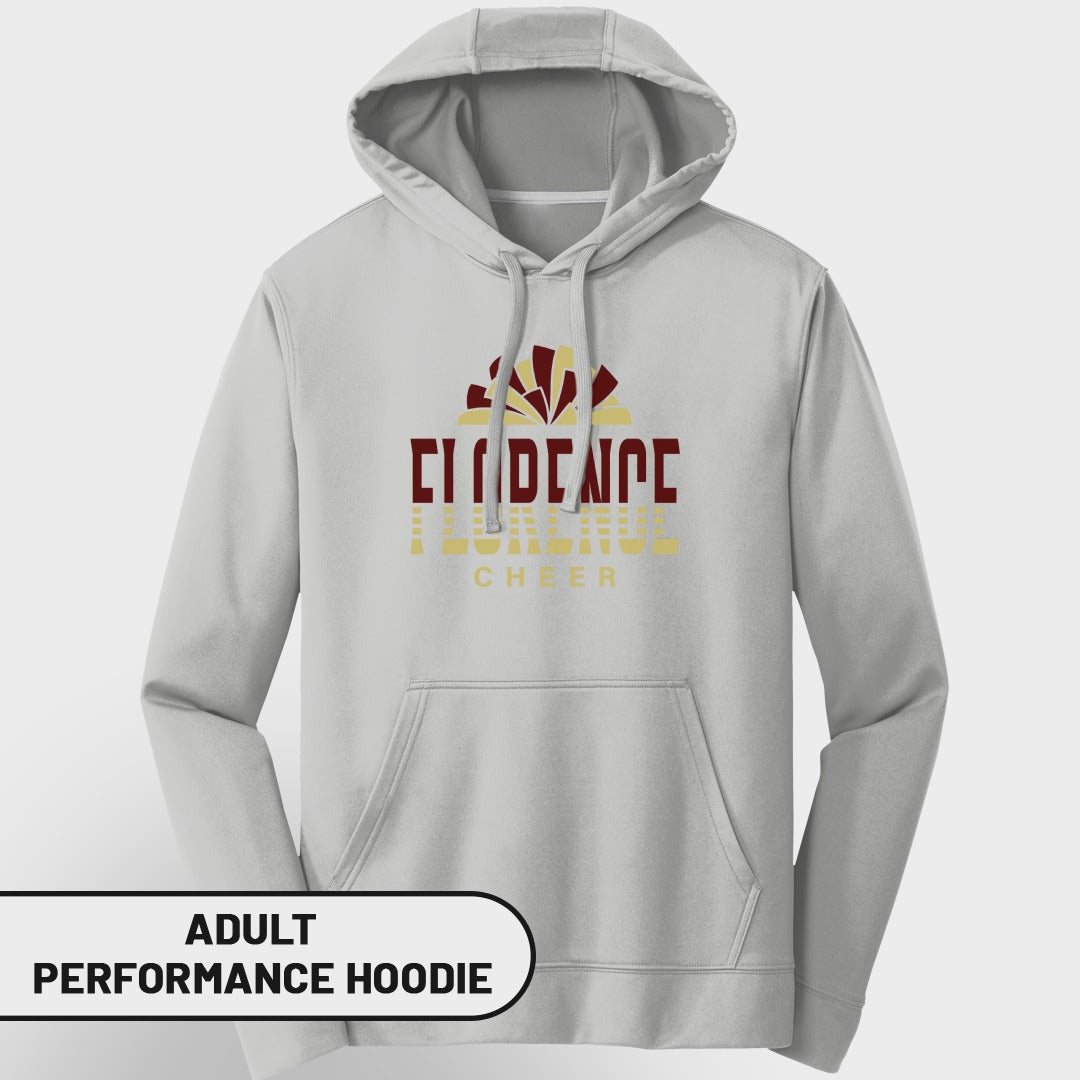 Gray adult performance hoodie with "FLORENCE CHEER" text and graphic.