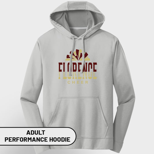 Gray adult performance hoodie with "FLORENCE CHEER" text and graphic.