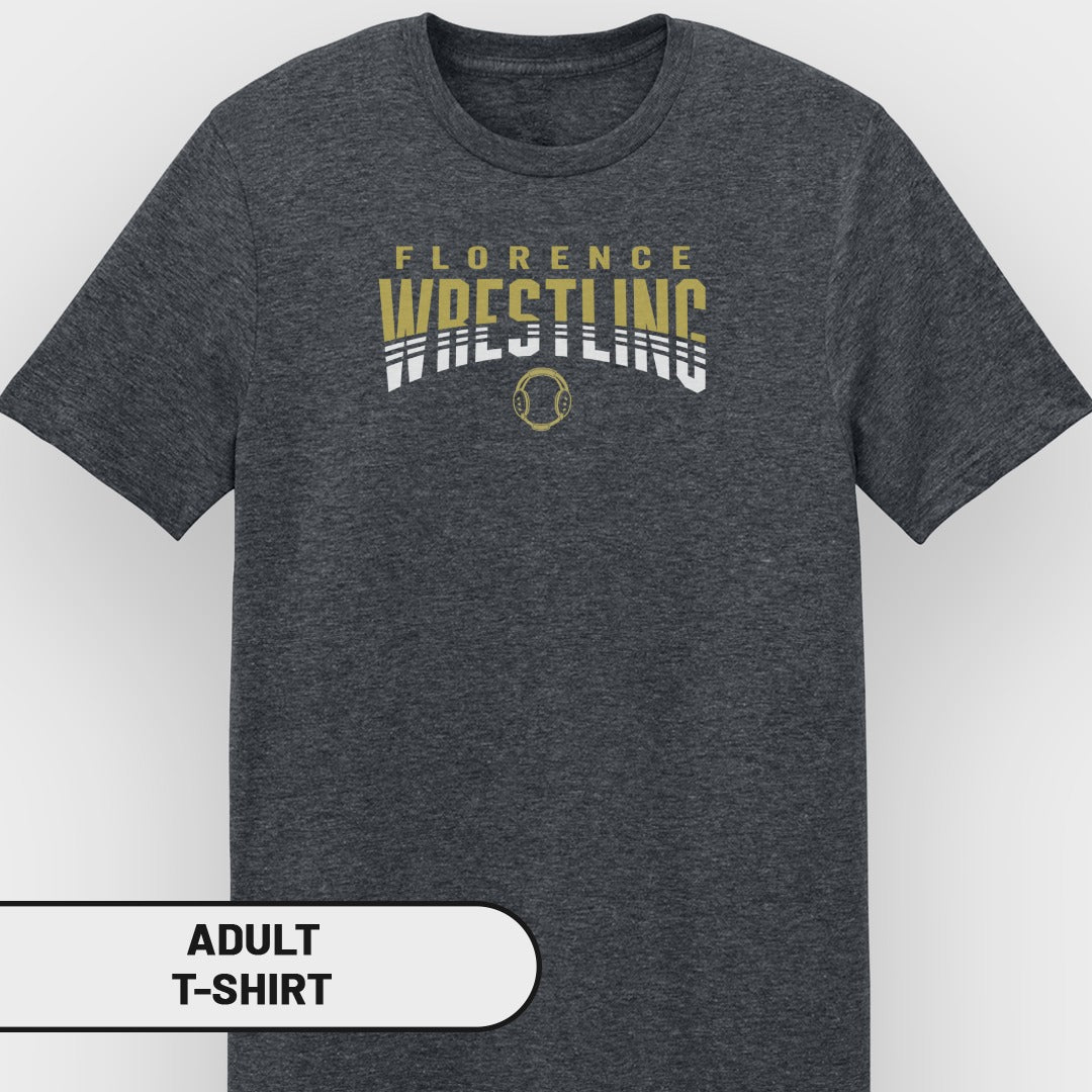Dark gray adult t-shirt with "Florence Wrestling" text and a wrestling headgear graphic.