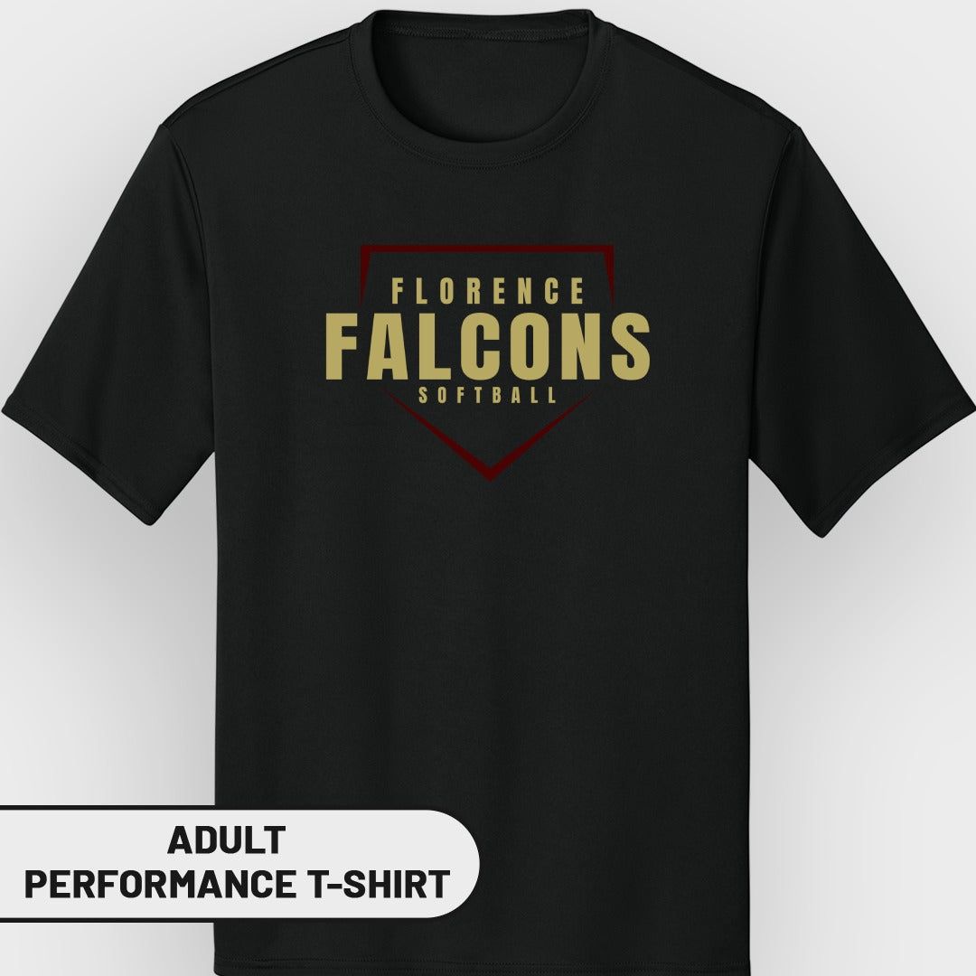 Black performance t-shirt with Florence Falcons softball logo and text.