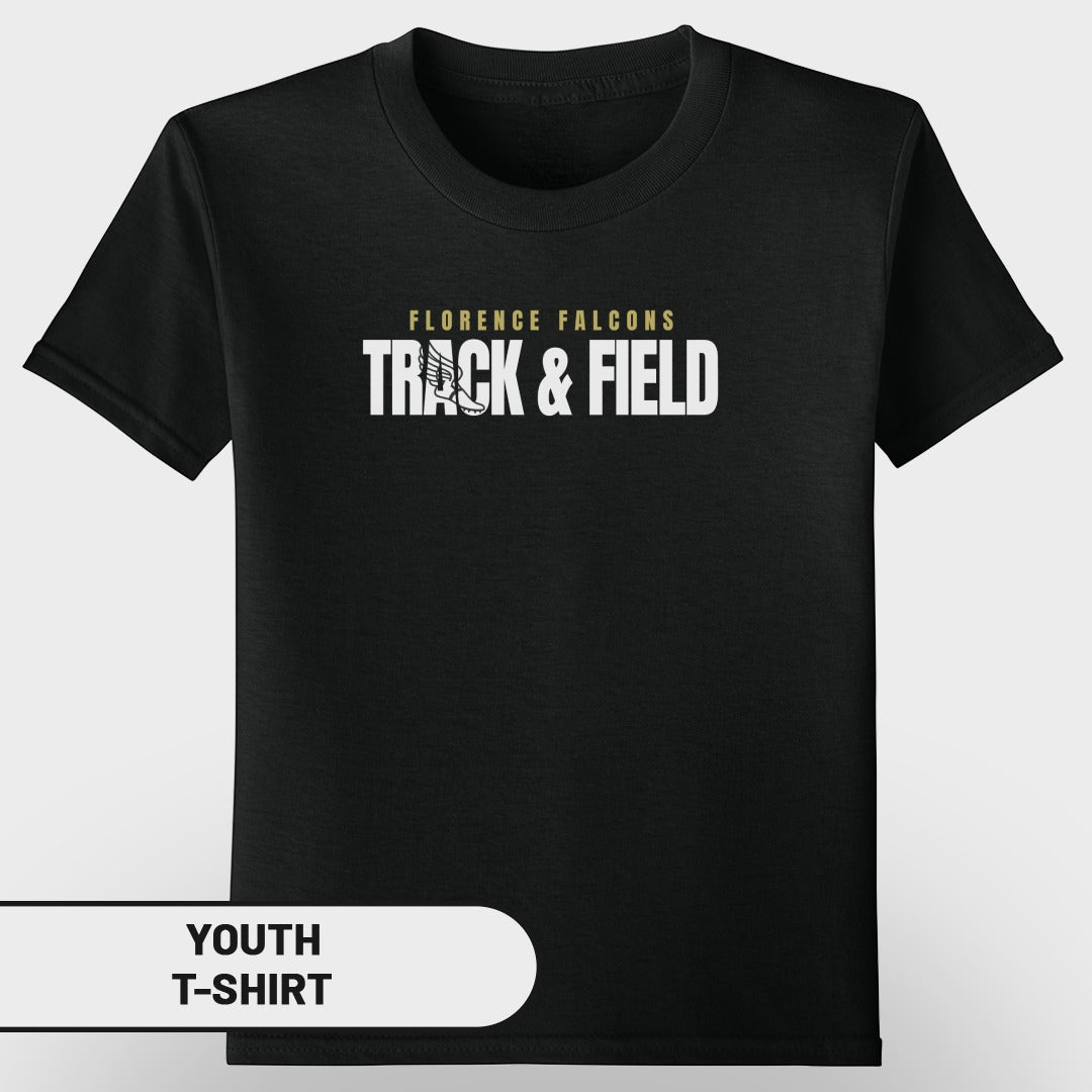 Black youth t-shirt with "Florence Falcons Track & Field" text and graphic.
