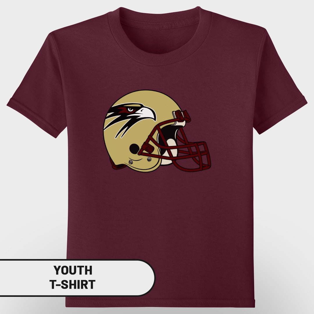 Maroon youth t-shirt with a gold football helmet and eagle graphic.