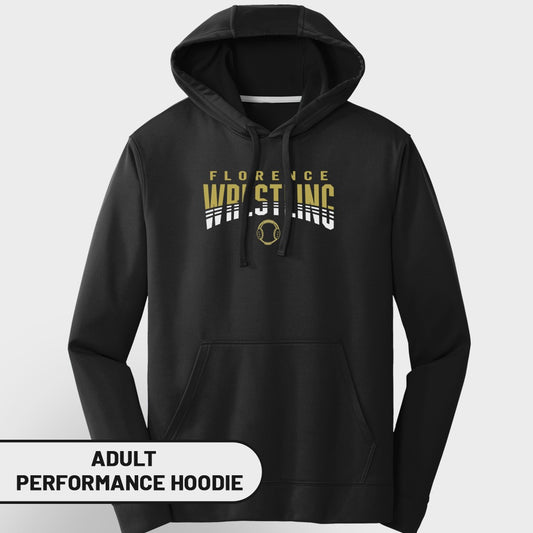 Black adult performance hoodie with "Florence Wrestling" gold and white graphic.