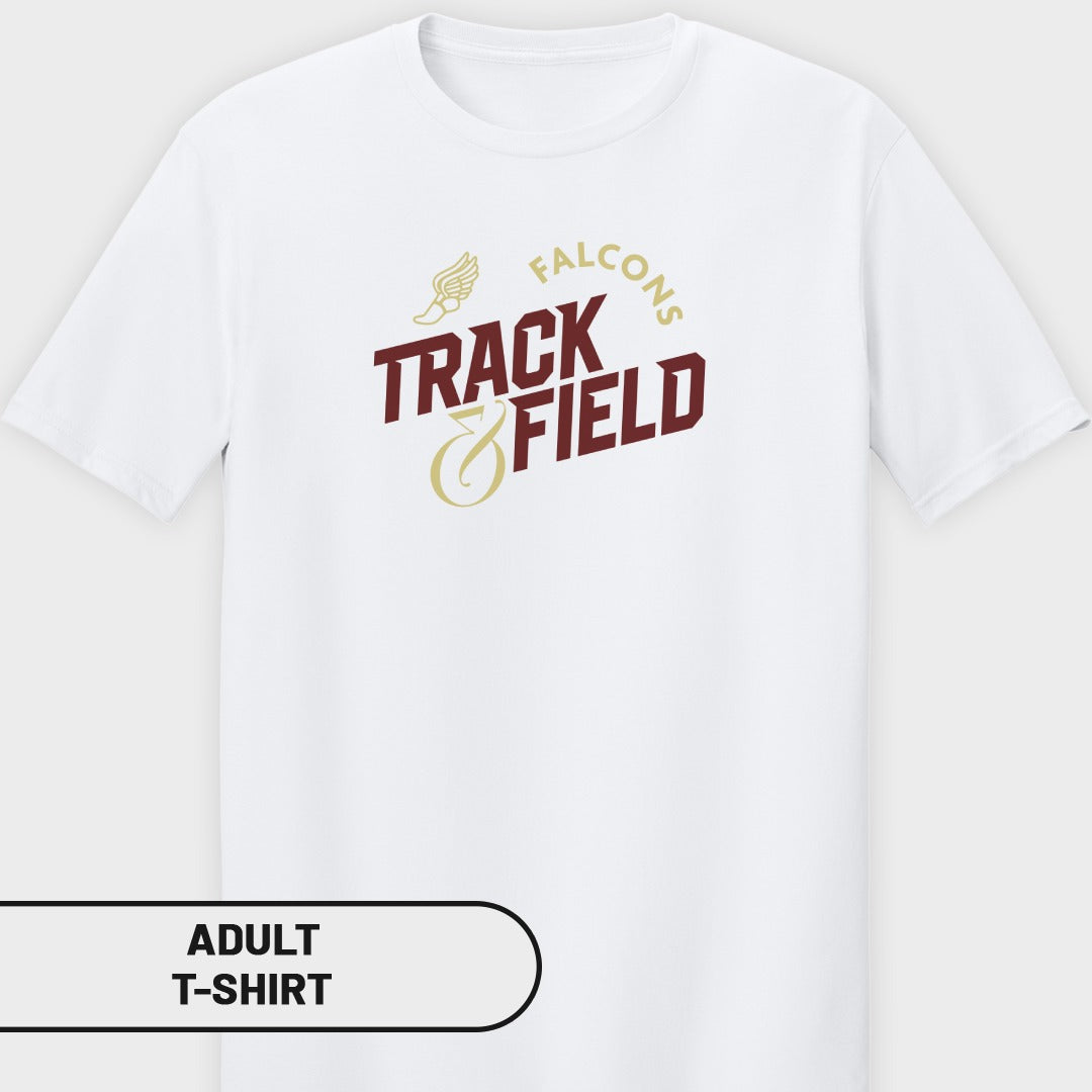 White adult t-shirt with "Falcons Track & Field" text and winged shoe logo.