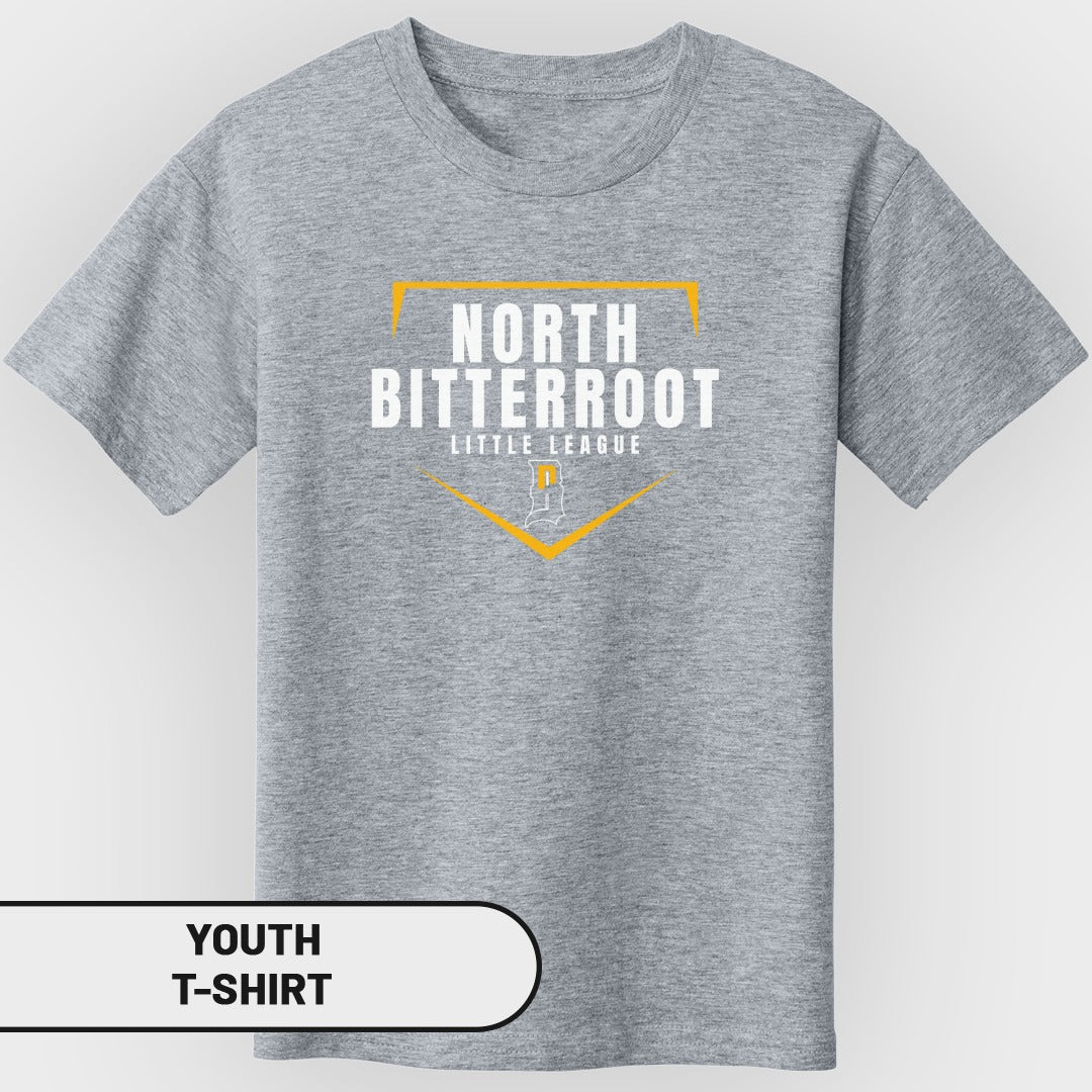 Gray youth t-shirt with North Bitterroot Little League logo.
