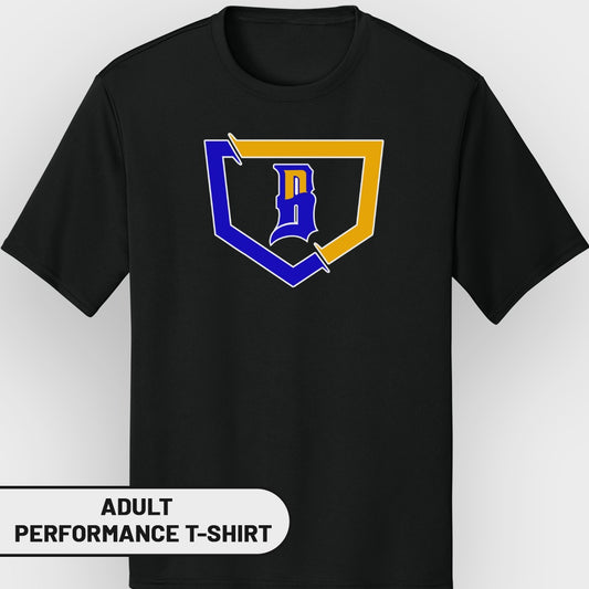 Black adult performance t-shirt with a blue and yellow shield logo.