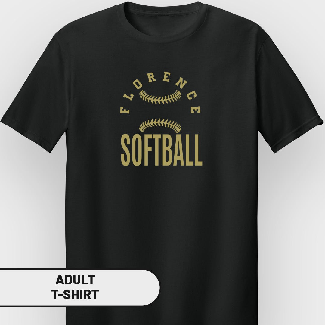 Black adult t-shirt with "Florence" arched over two softball seams and "SOFTBALL" below.