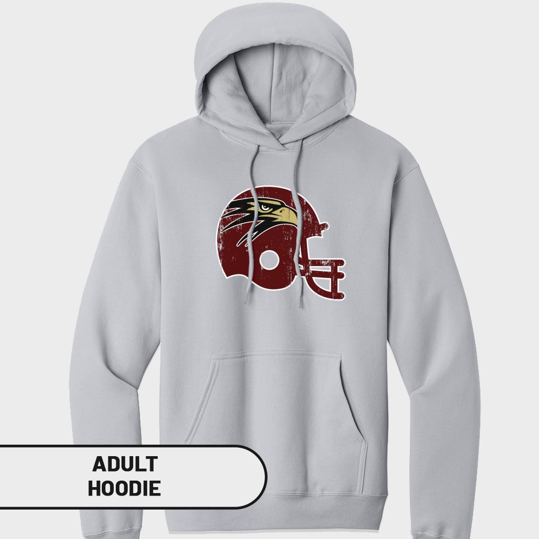 Grey adult hoodie with distressed football helmet and eagle logo.