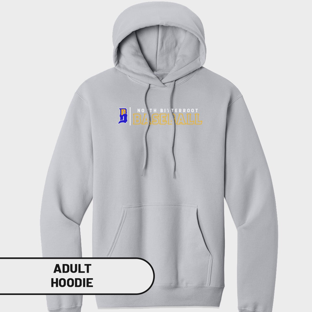 Light gray adult hoodie with "NORTH BITTERROOT BASEBALL" text and logo.