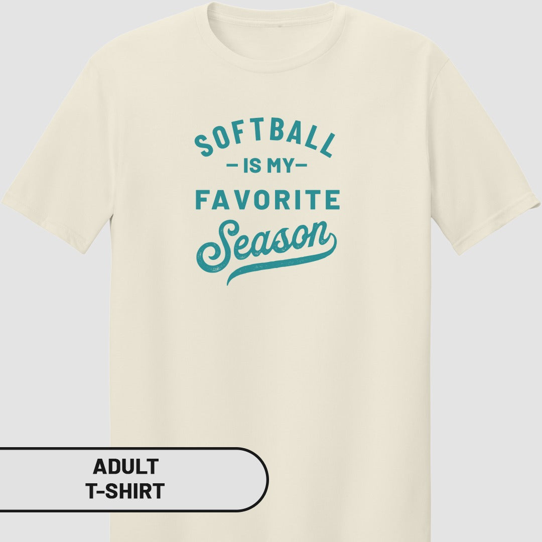 Cream t-shirt with "Softball is my favorite season" text in teal.