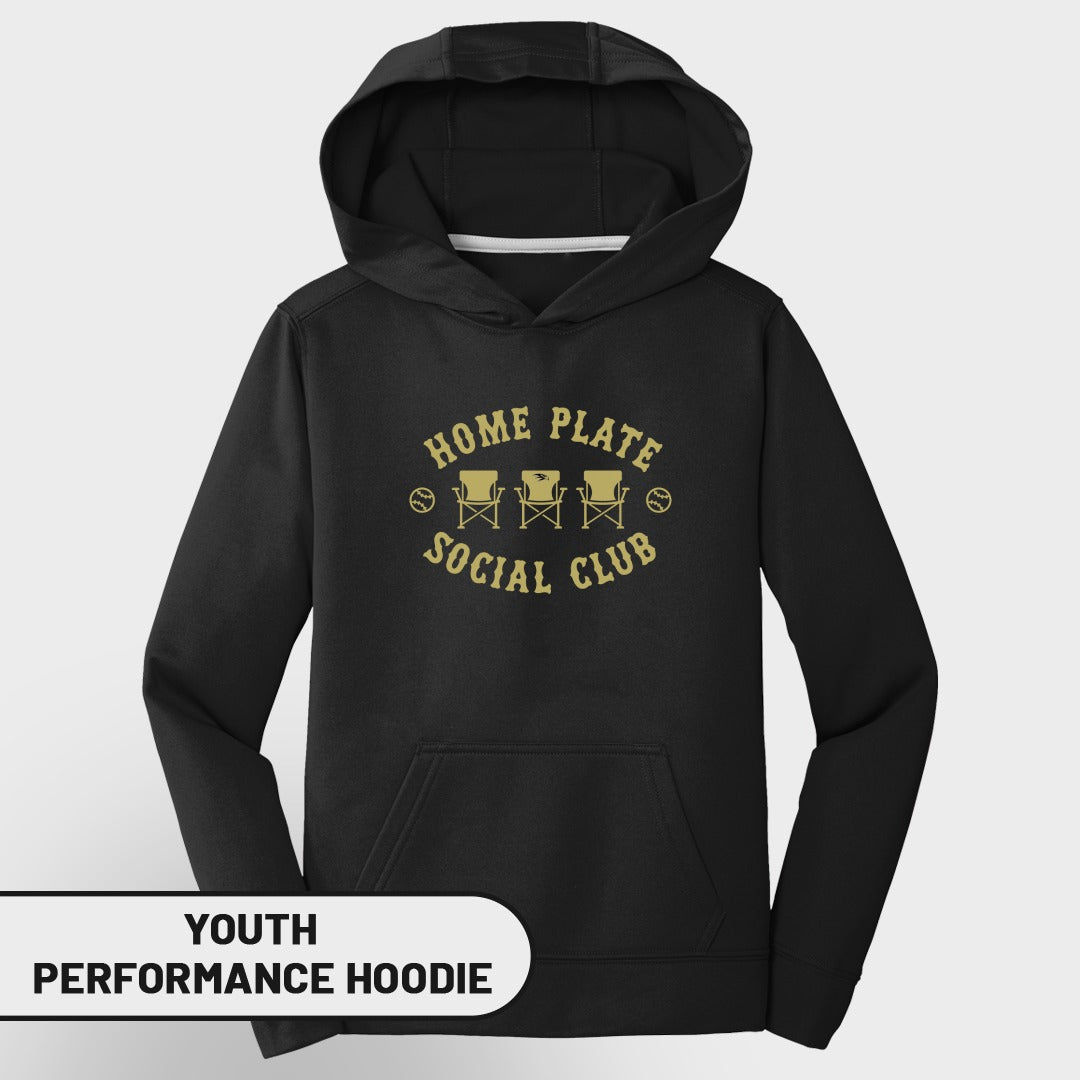 Youth black performance hoodie with gold "Home Plate Social Club" graphic.