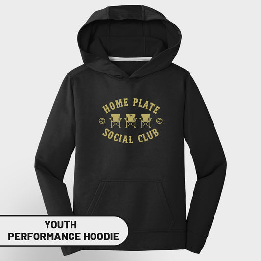 Youth black performance hoodie with gold "Home Plate Social Club" graphic.