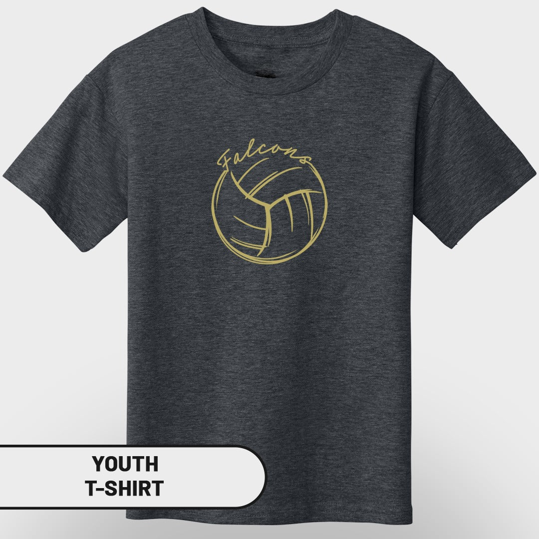 Youth t-shirt with gold volleyball graphic and "Falcons" text.