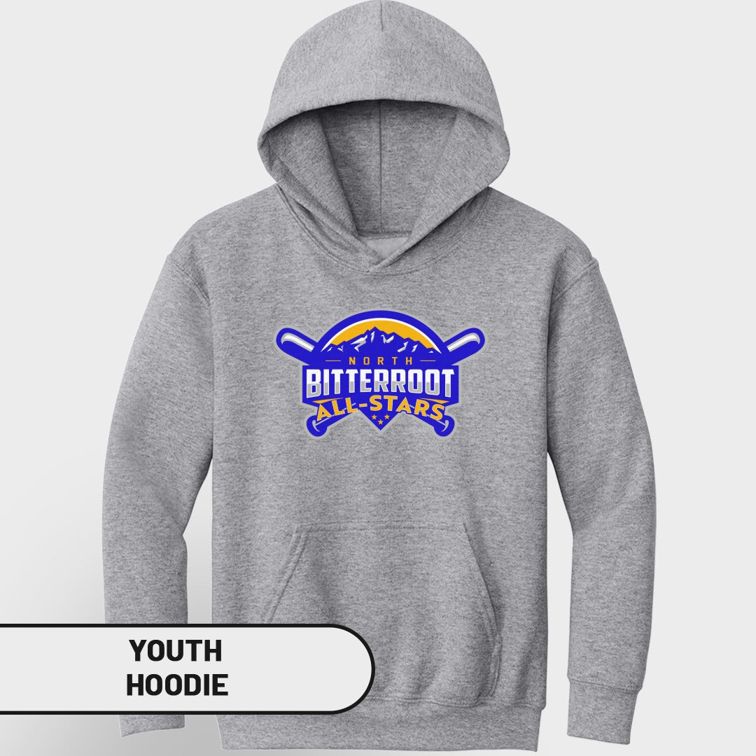 Gray youth hoodie with North Bitterroot All-Stars logo.
