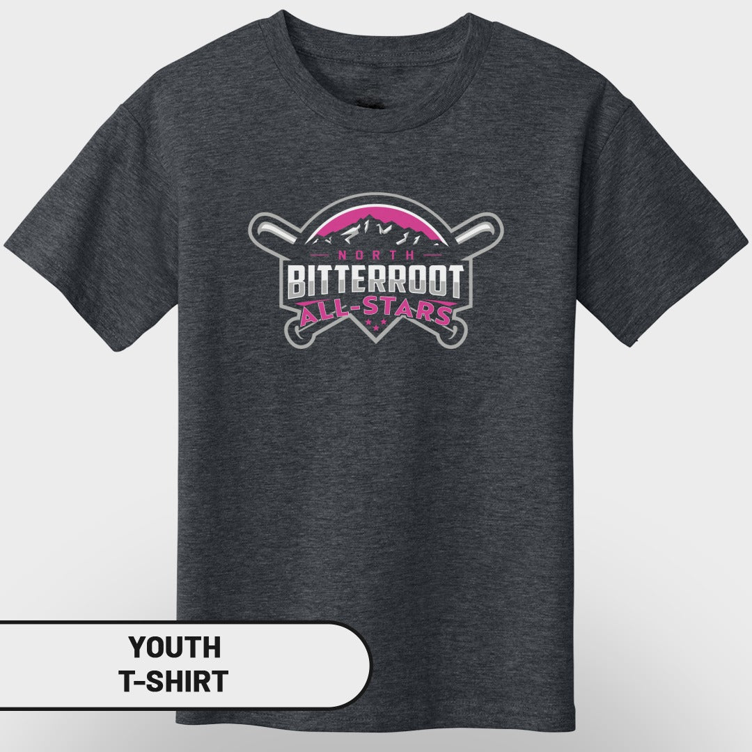 Dark grey youth t-shirt with "North Bitterroot All-Stars" baseball team logo.