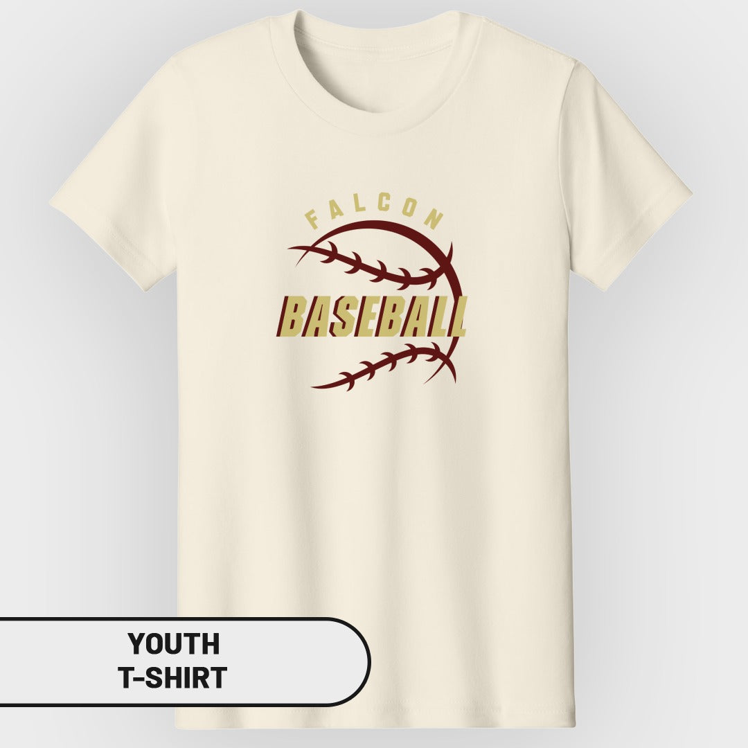 Youth t-shirt with a baseball graphic and "FALCON BASEBALL" text.