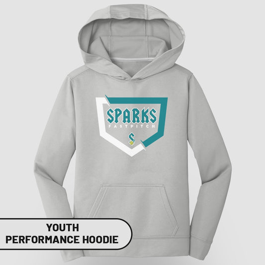 Gray youth performance hoodie with "Sparks Fastpitch" logo.