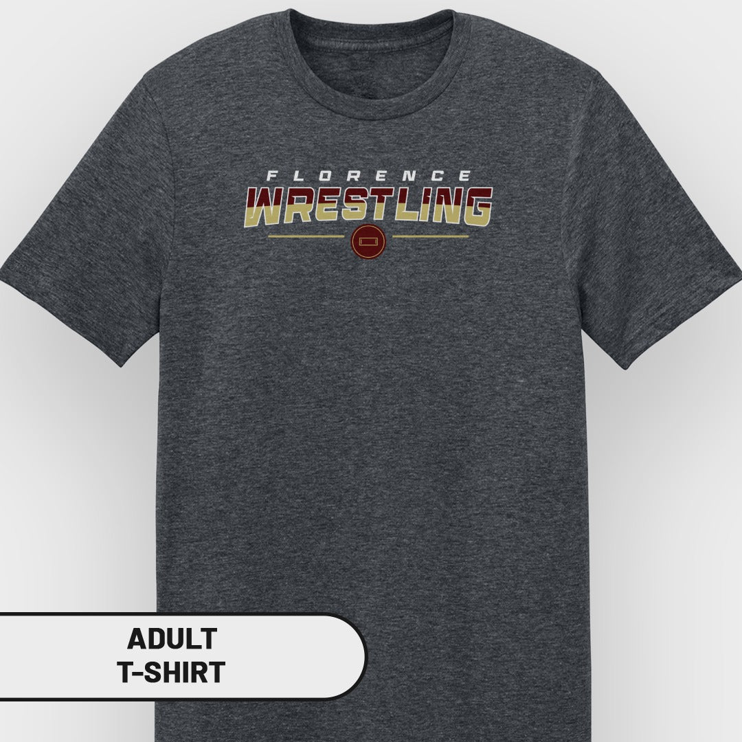 Dark gray adult t-shirt with "Florence Wrestling" text and a maroon circular logo.