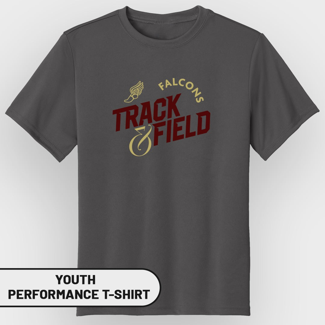 Gray youth performance t-shirt with "Falcons Track & Field" text and a winged shoe.