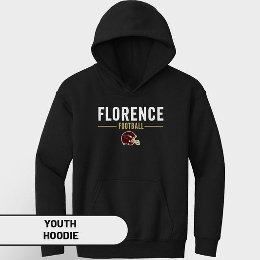 Black youth hoodie with "Florence Football" text and a maroon and gold helmet.