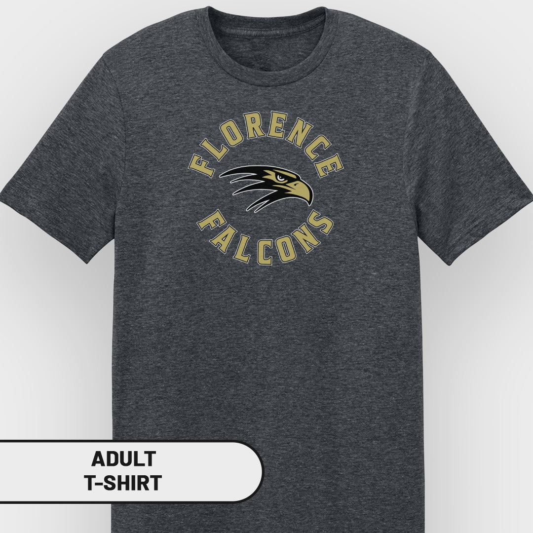 Dark grey adult t-shirt with "Florence Falcons" text and falcon logo.