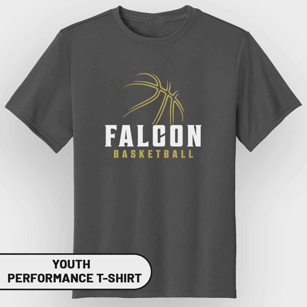 Dark grey youth performance t-shirt with "FALCON BASKETBALL" and basketball graphic.