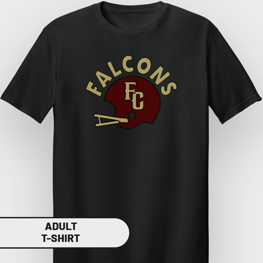 Black t-shirt with Falcons FC helmet logo and "Adult T-Shirt" text overlay.