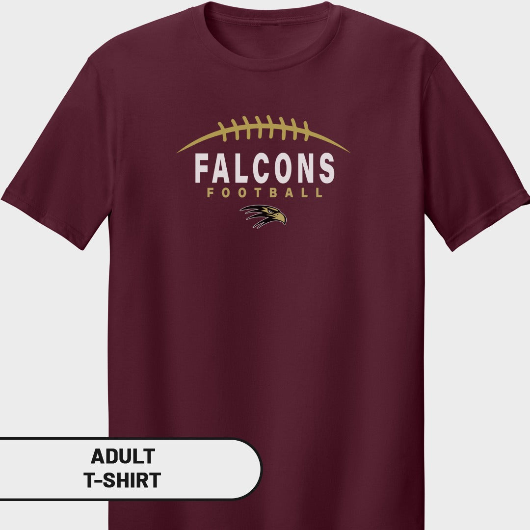 Maroon adult t-shirt with white text "FALCONS FOOTBALL" and a falcon head logo.