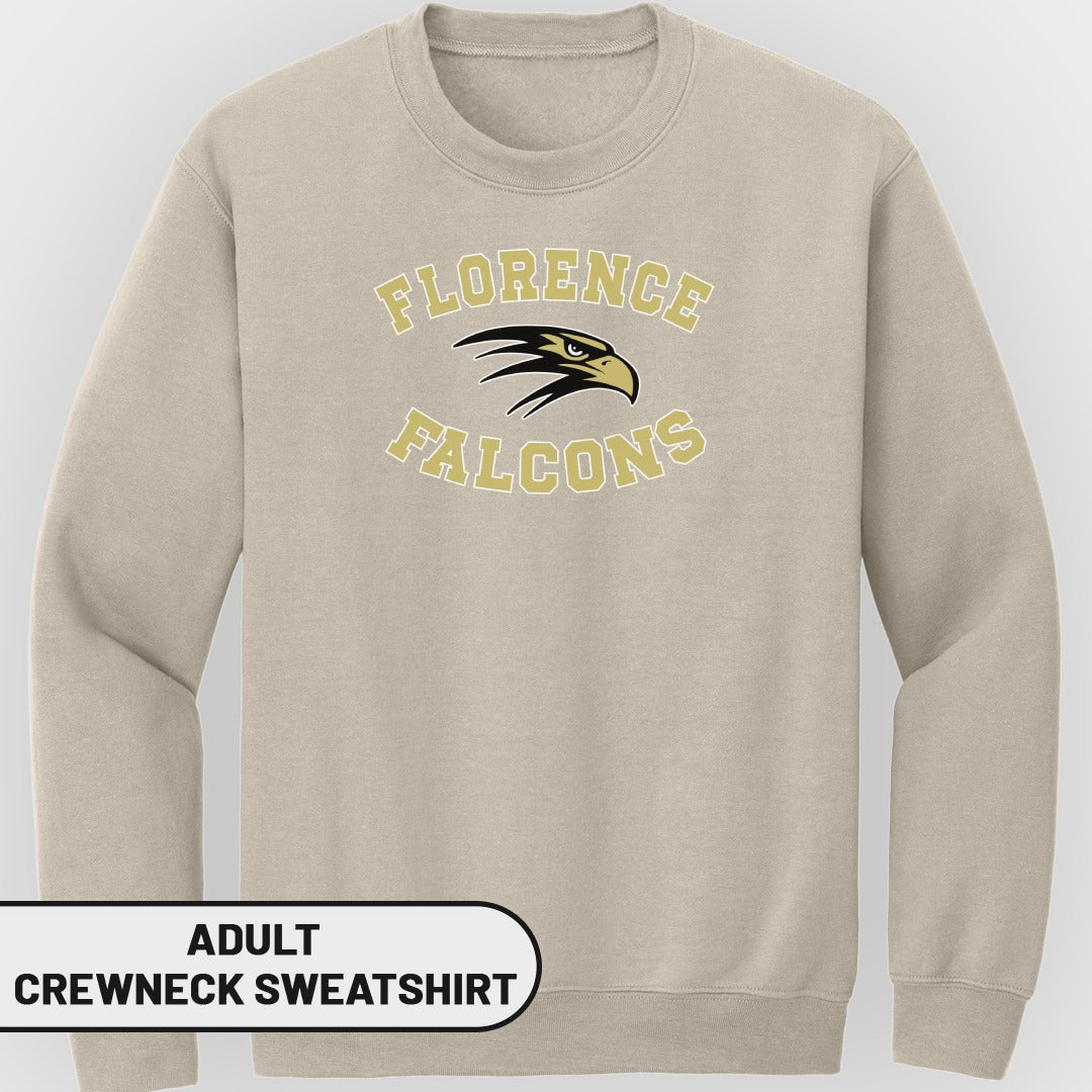 Adult crewneck sweatshirt with "Florence Falcons" text and falcon logo.