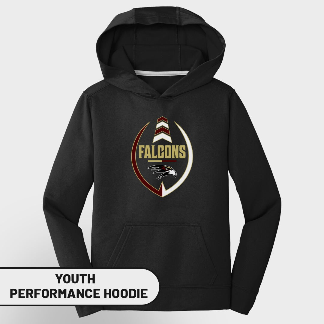 Black youth performance hoodie with "Falcons" logo and eagle head graphic.