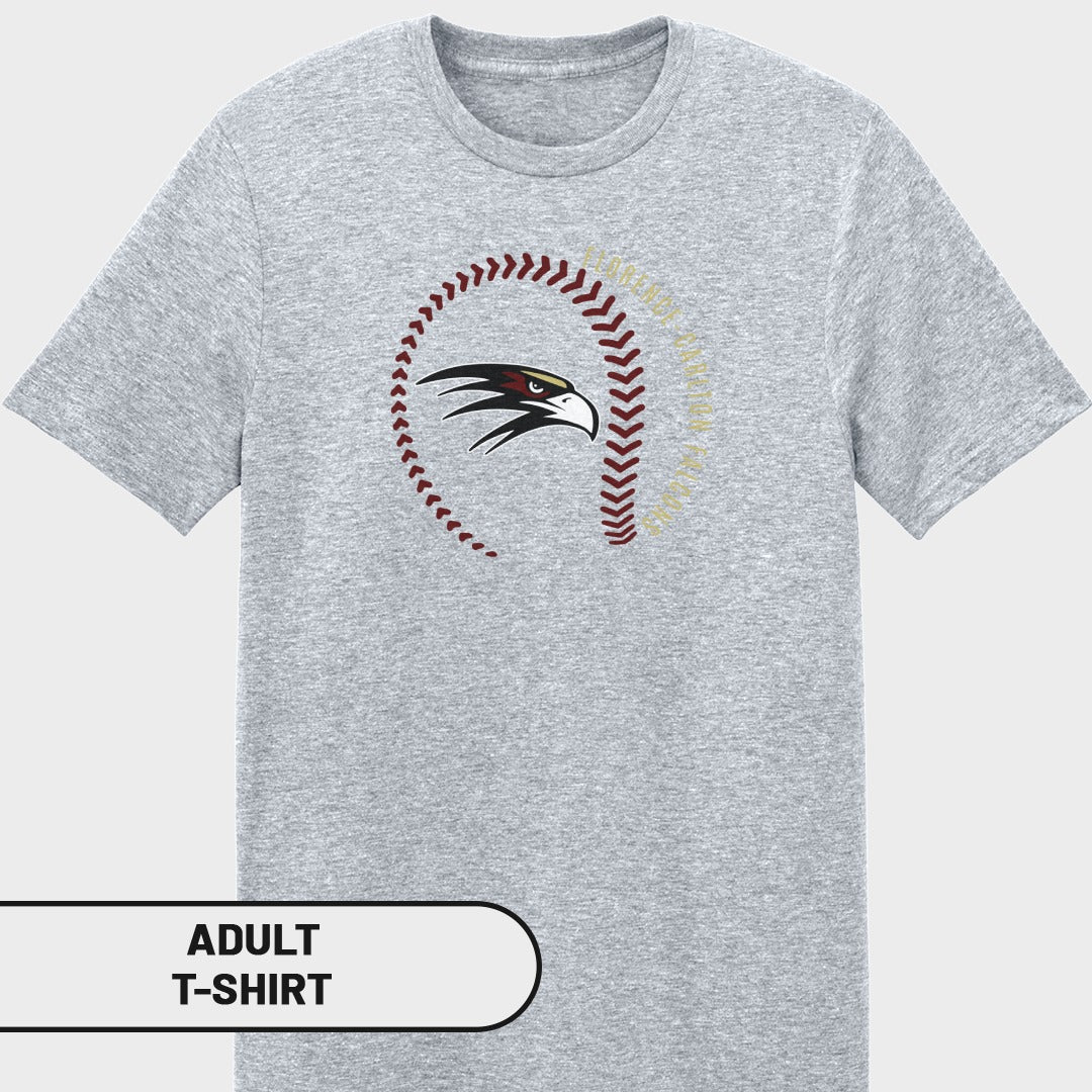 Grey adult t-shirt with a baseball stitching design and an eagle head logo.