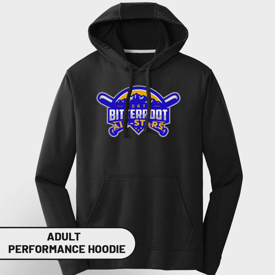 Black hoodie with "Bitterroot All-Stars" logo and "Adult Performance Hoodie" text.