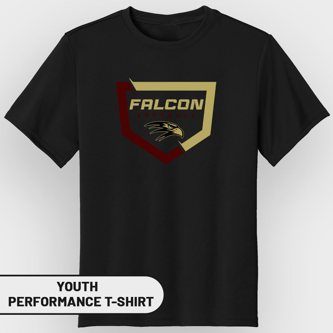 Black youth performance t-shirt with Falcon Softball logo and eagle graphic.