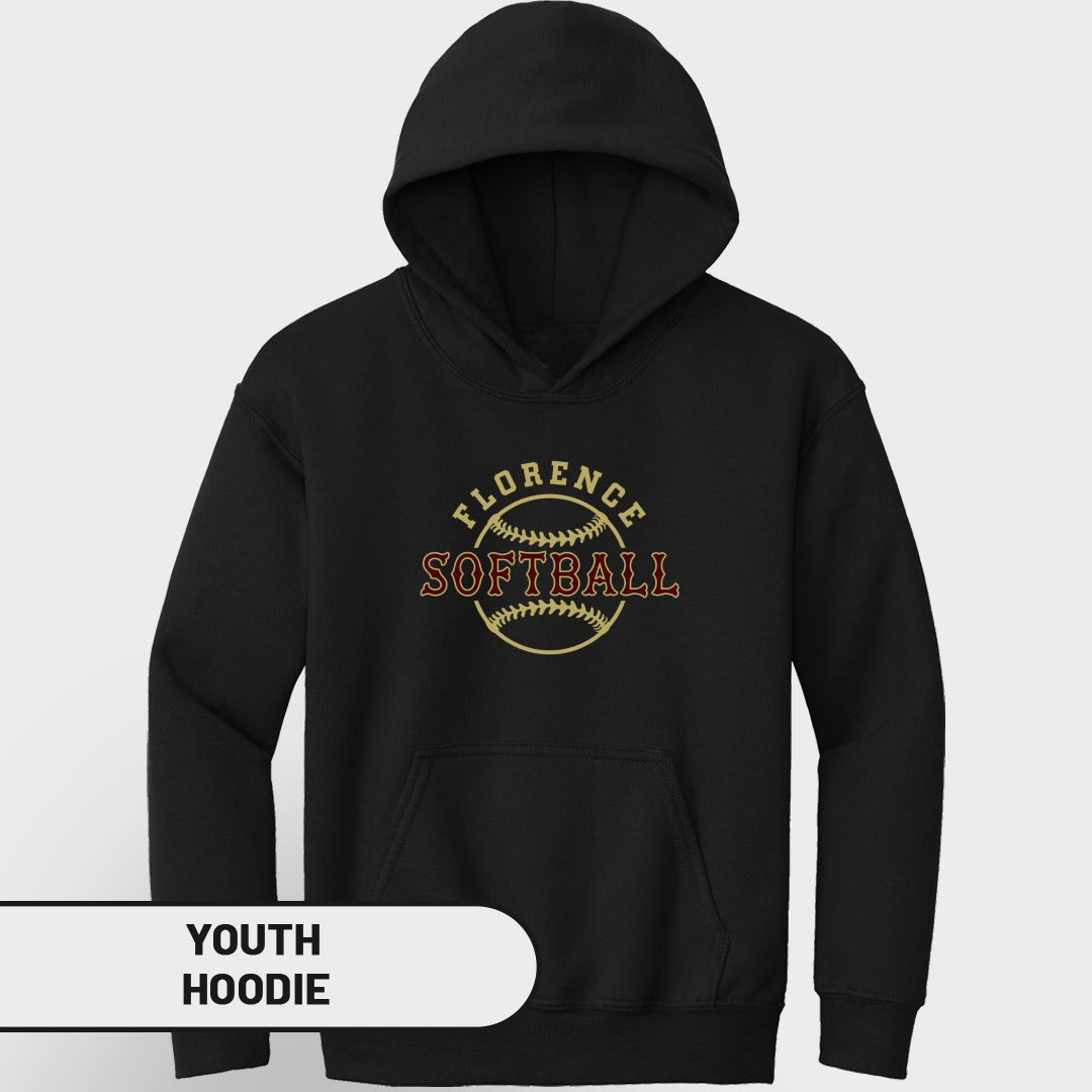 Black youth hoodie with "Florence Softball" logo on a softball design.