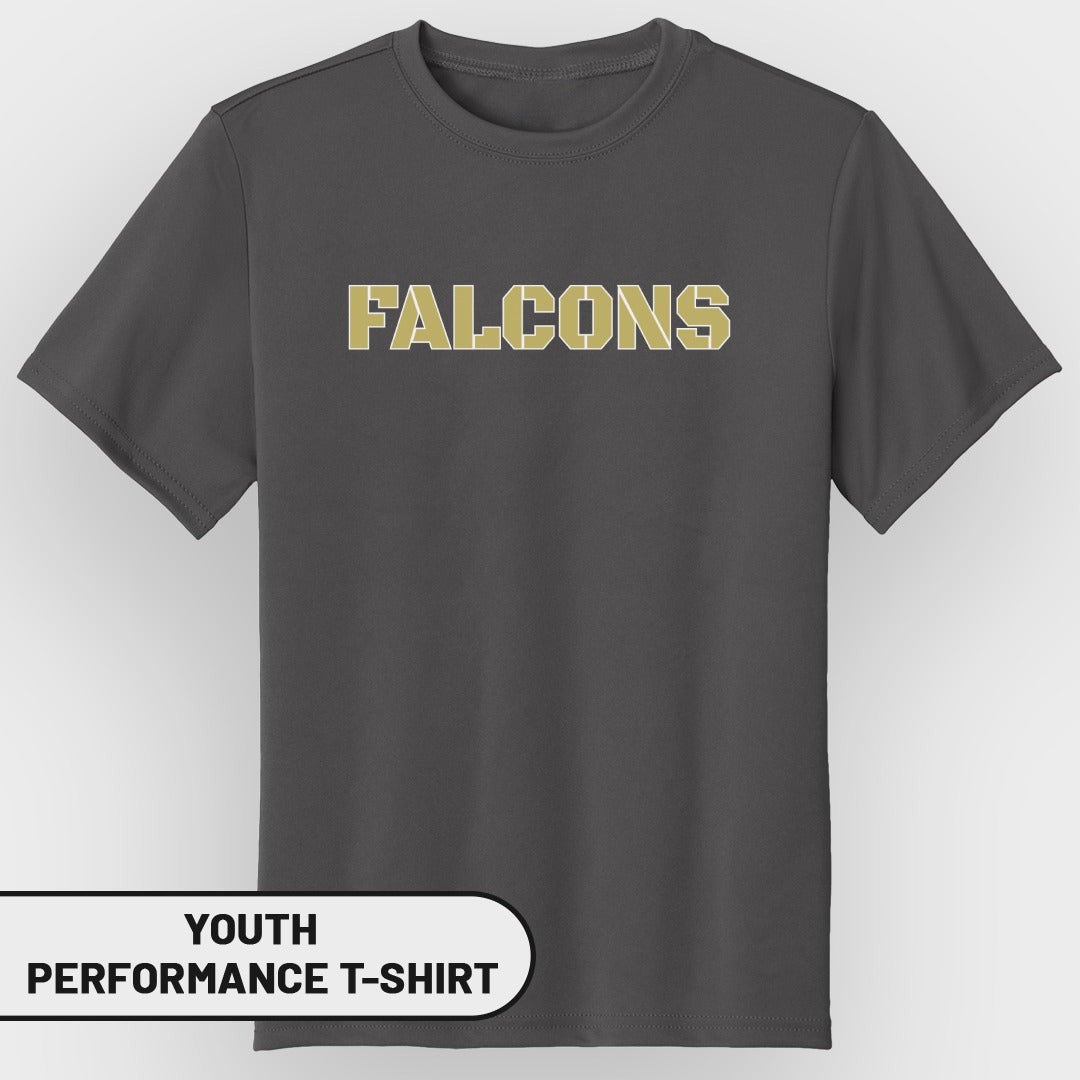 Youth grey performance t-shirt with "FALCONS" text.