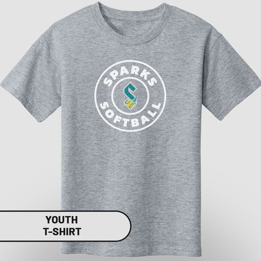 Gray youth t-shirt with white "Sparks Softball" circular logo.
