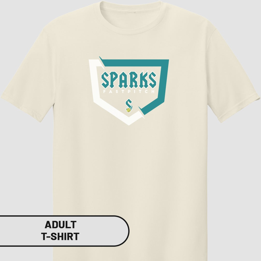 Cream adult t-shirt with Sparks Fastpitch logo.