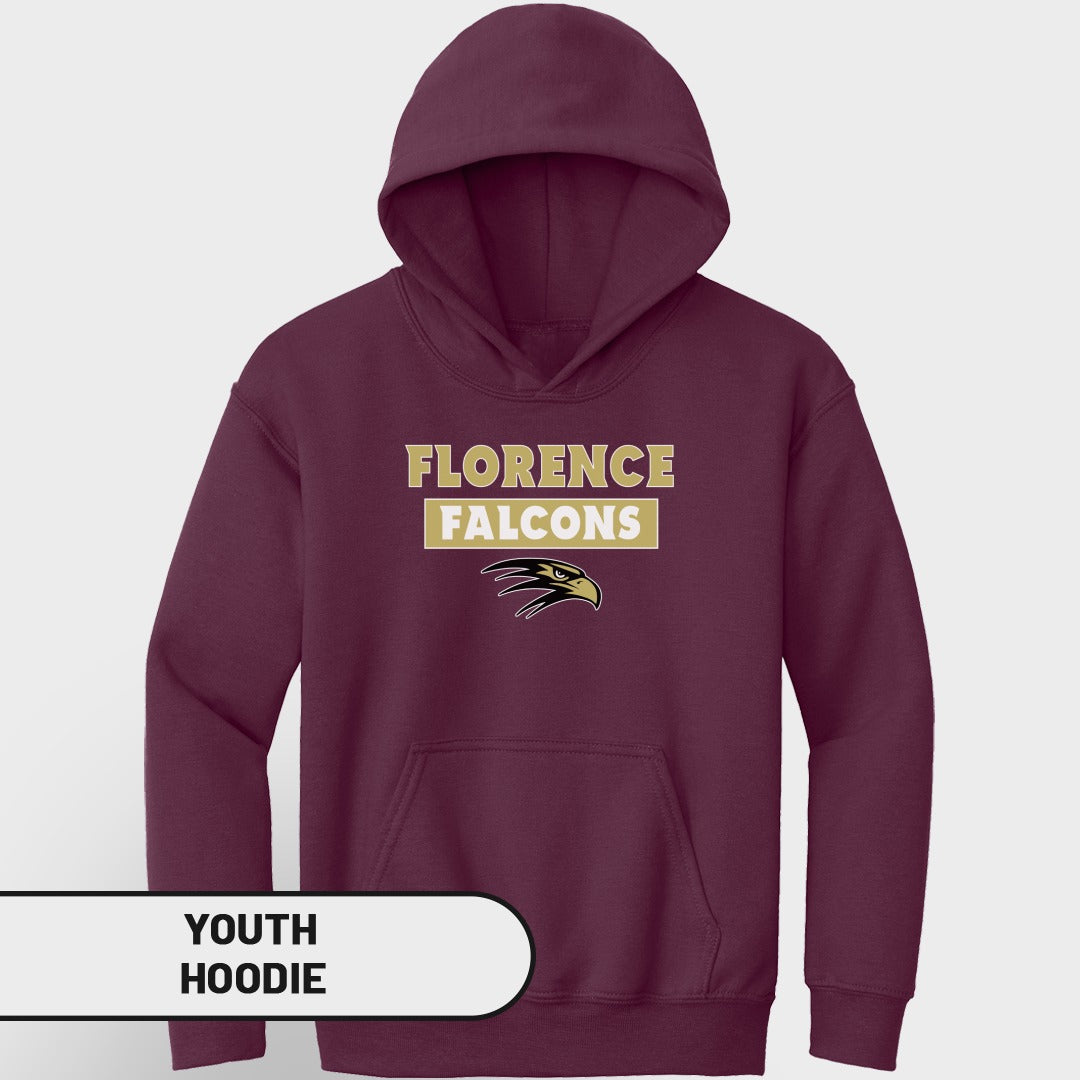 Maroon youth hoodie with "Florence Falcons" text and a falcon logo.