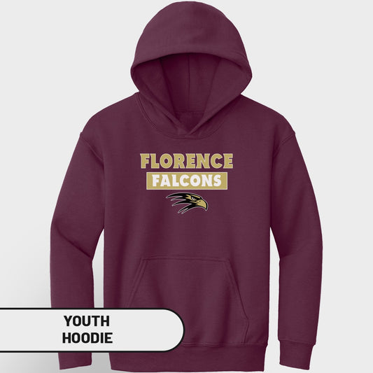 Maroon youth hoodie with "Florence Falcons" text and a falcon logo.